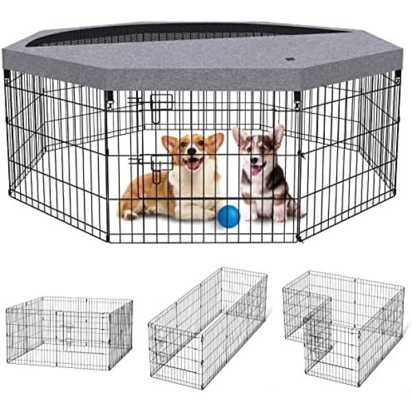 Dog Pen Pet Playpen Dog Fence Indoor Foldable Metal Wire Exercise Puppy Play Yard Pet Enclosure Indoor Outdoor 8 Panels 24 Inch with Bottom Pad/Top Cover (Grey with top Cover)