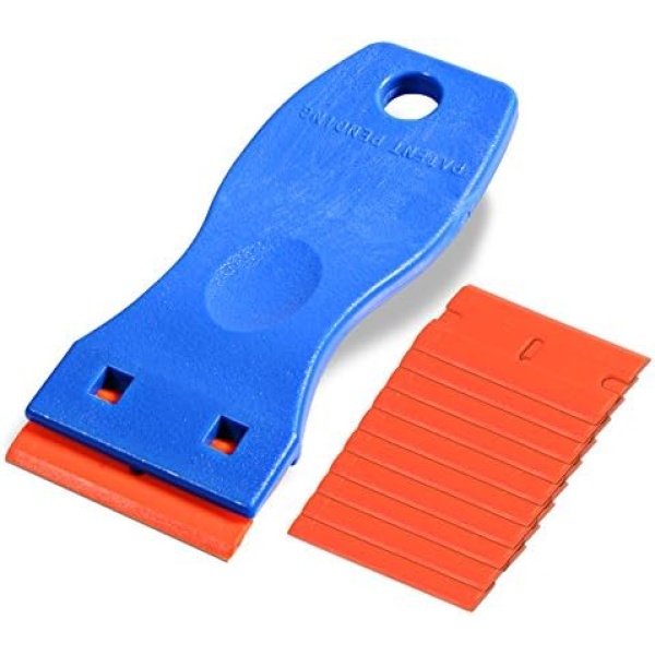 EHDIS 1.5" Plastic Razor Scraper with 10pcs Double Edged Plastic Blades for Removing Labels Stickers Decals on Glass Windows (Blue)