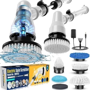 Electric Spin Scrubber, GOFOIT Power Cordless Shower Scrubber with 6 Replaceable Brush Heads and 3 Adjustable Handle, Rechargeable Spin Scrubber for Bathroom Floor Tile