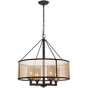 Elk Home Diffusion 24-inch Chandelier – 57027/4 Drum Pendant w/Beige Fabric and Mercury Glass in Oil Bronze Metal - Transitional, Mid-Century Modern Home Décor - Dimmer, Smart Home and LED Compatible