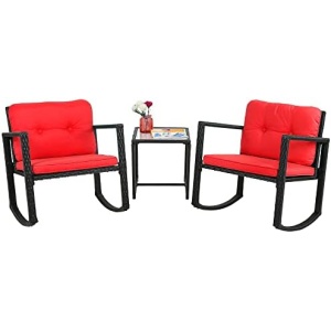 FDW 3 Piece Wicker Patio Furniture Sets Rocking Chair Outdoor Bistro Set Patio Set Rattan Chair Conversation Set with Porch Chairs and Coffee Table,Red