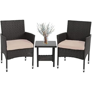 FDW Outdoor Wicker Bistro Rattan Chair Conversation Sets with Coffee Table for Yard Backyard Lawn Porch Poolside Balcony,Black