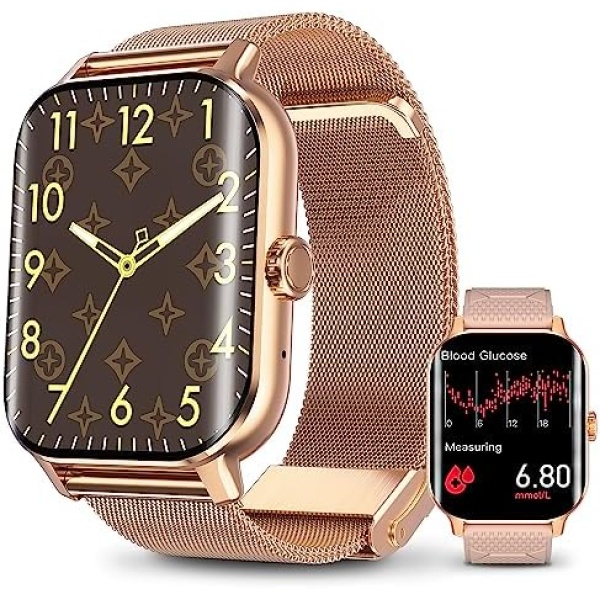 FILIEKEU 𝐒𝐦𝐚𝐫𝐭 𝐖𝐚𝐭𝐜𝐡 Men Women for Android iPhone Blood Sugar Presure Sleep Monitor Glucose Smart Watches 2.02 inch Curved Screen Bluetooth Call Waterproof Fitness Tracker Smartwatch Gold