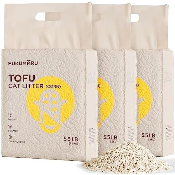 FUKUMARU Tofu Cat Litter, Flushable Cat Litter Clumping, Dust Free Tofu Cat Litter with Corn, Natural Unscented, Low Tracking Cat Litter Pellets, 24/7 Odor Control (16.5 LBS)