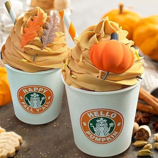 Fall Decor - Fall Decorations for Home - 2 Pack Mini Pumpkin Spice Latte Cups with Faux Whipped Cream - For Autumn Tiered Tray Thanksgiving Farmhouse Table - Gifts for Women Warming Gifts New Home