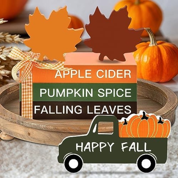 Fall Decor Fall Decorations for Home 6PCS Fall Tiered Tray Decor Faux Decorative Books Maple Leaves Truck Wooden Signs Rustic Farmhouse Fall Tabletop Decor for Autumn Thanksgiving