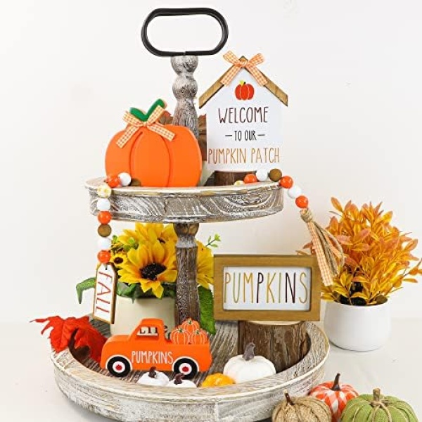 Fall Decorations for Home - Fall Tiered Tray Decor Set with Pumpkins Truck Farmhouse Wooden Decor Bead Garland, Fall Pumpkins Decor for Autumn Thanksgiving Home Kitchen Table Shelf