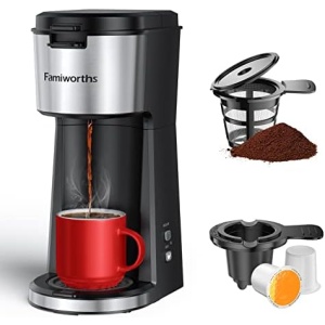 Famiworths Single Serve Coffee Maker for K Cup & Ground Coffee, With Bold Brew, One Cup Coffee Maker, 6 to 14 oz. Brew Sizes, Fits Travel Mug, Classic Black