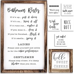 Farmhouse Bathroom Decor Set of 2 - Funny Interchangeable Wall Signs That Will Bring a Good Laugh To Your Bathroom - Rustic Wooden Picture Frames with Unique Sayings Are Perfect For Your Home