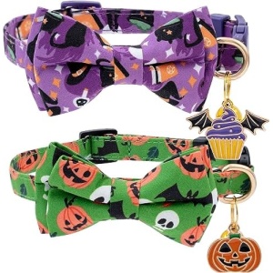Faygarsle 2 Pack Cute Seasonal Cat Collar for Halloween and Fall Breakaway Collar with Bells Bowtie Cute Patterns for Female and Male Cats Green Purple Cat Collar
