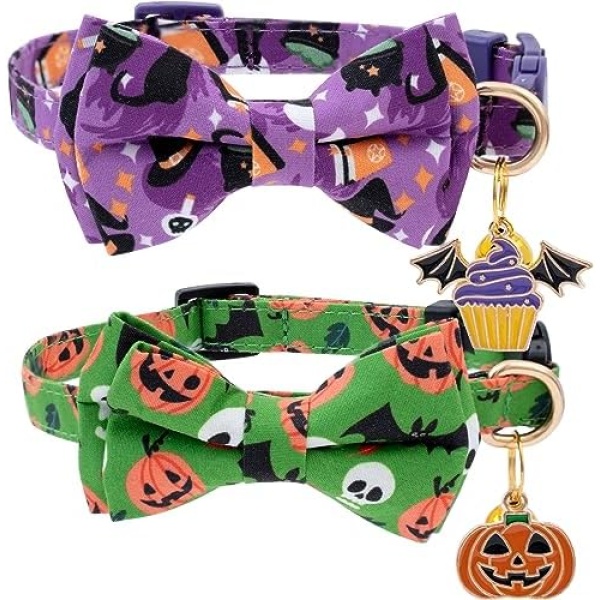 Faygarsle 2 Pack Cute Seasonal Cat Collar for Halloween and Fall Breakaway Collar with Bells Bowtie Cute Patterns for Female and Male Cats Green Purple Cat Collar