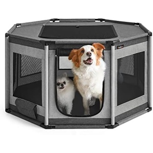 Feandrea Dog Playpen, Oxford Fabric Dog Fence, Octagon Dog Crate, L, 44.3 x 44.3 x 24.4 Inches, PVC Pipe Frame, Breathable Mesh, Double Openings, with Storage Bag, Dark and Light Gray UPDC003G01