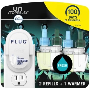 Febreze Air Freshener Plug In, Wall Diffuser, Plug in Air Fresheners for home, Unstopables Fresh Scent, Odor Fighter for Strong Odors, 1 Warmer + 2 Oil Refills