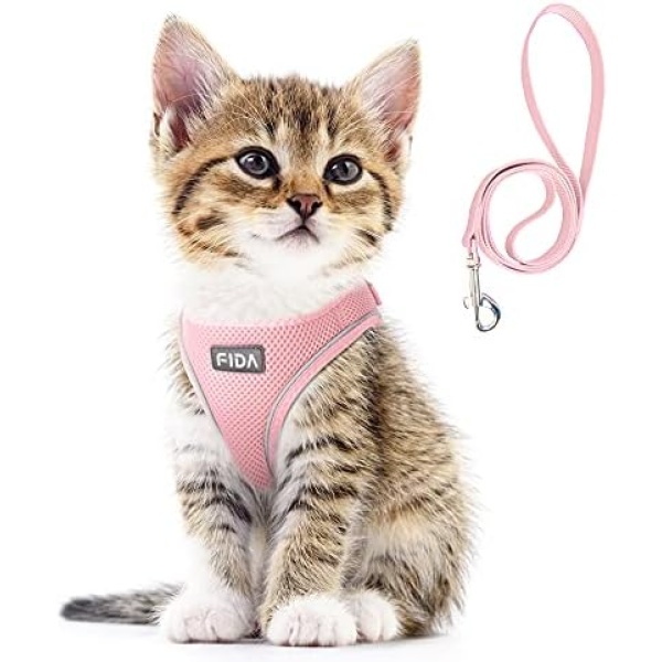 Fida Cat Harness and Leash Set for Walking Kitten and Puppy, Escape Proof Kitten Harness with Breathable Lightweight Soft Mesh, Adjustable Reflective Step-in Design for Kitten and Puppy.(XXXS, Pink)