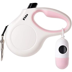 Fida Retractable Dog Leash for Small Breed up to 26 lbs, 16 ft Pet Walking Leash with Dispenser and Poop Bags, Anti-Slip Handle, Reflective Strong Nylon Tape, One-Handed Brake (S, White & Pink)