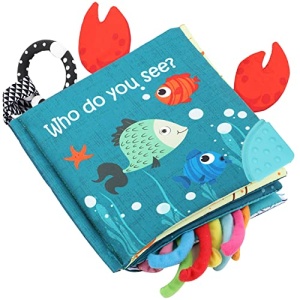 Fish Baby Books Toys, Touch and Feel Cloth Soft Crinkle Books for Babies,Toddlers,Infants,Kids Activity Early Education Toy, Shark Tails Teething Toys Teether Ring, Baby Book Octopus, Ocean Sea Animal
