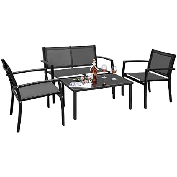 Flamaker 4 Pieces Patio Furniture Outdoor furniture Outdoor Patio Furniture Set Textilene Bistro Set Modern Conversation Set Black Bistro Set with Loveseat Tea Table for Home, Lawn and Balcony (Black)