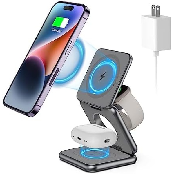 Foldable Magnetic Wireless Charger, Aluminum Alloy 3 in 1 Charging Station for Apple, KU XIU 15W Fast Mag-Safe Charger Stand for iPhone 14 13 12 Pro/Max/Plus, AirPods 3/2/Pro, iWatch-Adapter Included