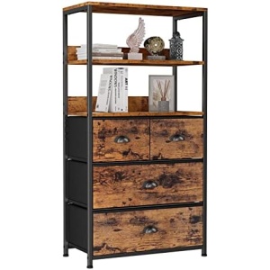 Furologee Vertical 4 Drawer Dresser Organizer with 3-Tiers Wood Shelf,Tall Fabric Storage Tower Unit, Sturdy Metal Frame Chest of Drawers,Removable Brown Fabric Bins for Bedroom,Entryway,Office