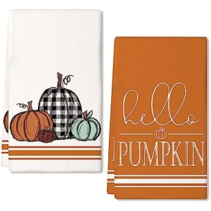 GEEORY Fall Kitchen Dish Towels Set of 2 for Fall Decor,Hello Pumpkin Black Plaid Orange Printed Pumpkin 18x26 Inch Drying Dishcloth,Farmhouse Home Decoration GD100