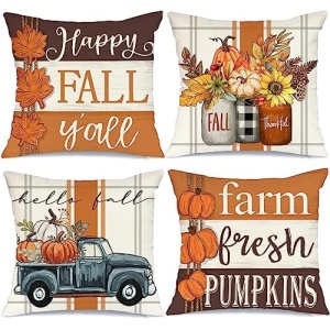 GEEORY Fall Pillow Covers 18 x 18 Inch Set of 4, Happy Fall Y'all Stripes Pumpkins Mason Jar Thankful Decor, Cushion Cases for Farmhouse Home Party Sofa Couch (Brown) G355-18