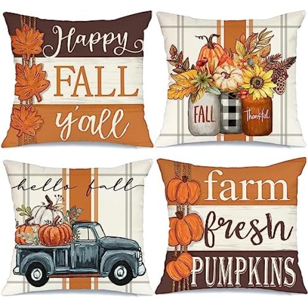 GEEORY Fall Pillow Covers 18 x 18 Inch Set of 4, Happy Fall Y'all Stripes Pumpkins Mason Jar Thankful Decor, Cushion Cases for Farmhouse Home Party Sofa Couch (Brown) G355-18