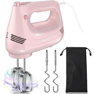 GUALIU Electric Hand Mixer with Stainless Steel Egg Beater, Dough Hook Attachment and Storage Bag Compact Lightweight Hand Mixer for Baking Cakes, Eggs, Cream Food Mixers. Turbocharged /5 Speed + Eject Button Kitchen Blender PINK