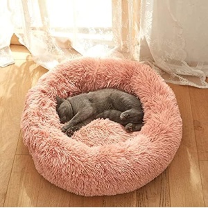 Geizire 24 inch Cat Bed Dog Bed for Cats, Small/Medium Dogs, Washable Donut Calming Round,Soft Fluffy Warm and Cozy Anti Anxiety Cuddler, Joint-Relief Pet Bed (Large, Pink)