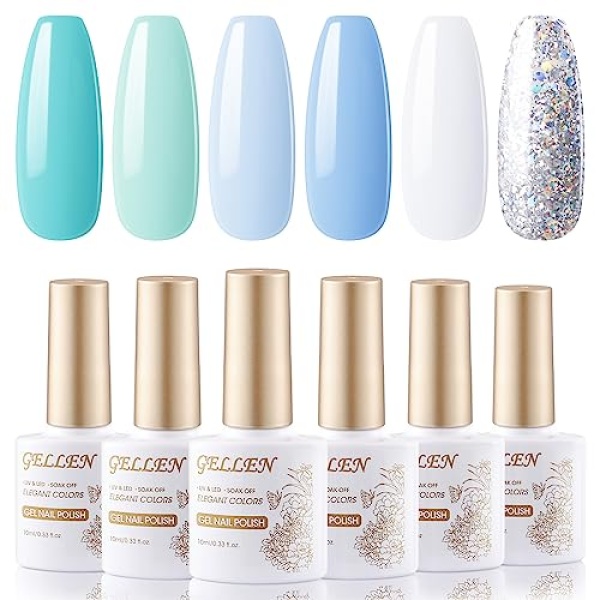 Gellen Gel Nail Polish 6 Colors Light Blue Mint Green Pearly White Glitter Nail Polish Set 10ML Spring Summer Calming Gel Nail Kit DIY Home Salon Manicure Gift for Girls Women