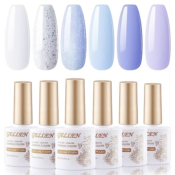 Gellen Gel Nail Polish Set, 6 Colors Natural Baby Blue Nail Polish Set Pastel Purple White Glitter Gel Nail Polish Kit Nail Art DIY Home Gel Manicure Set Light Violet Nail Gifts for Spring Summer