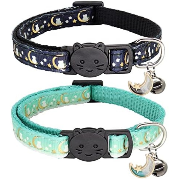 Giecooh 2 Pack Breakaway Cat Collar with Bells,Adjustable Moon and Star Kitten Safety Collars for Boys & Girls,Black+Teal