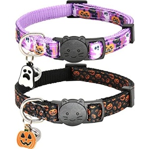 Giecooh 2 Pack Cat Collar Breakaway with Bells, Adjustable Cute Tribal Pattern Kitten Safety Collars for Boys & Girls, Purple + Green