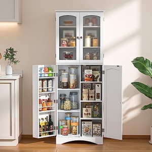 Gizoon 64" Kitchen Pantry Cabinet, Tall Storage Cabinet with Glass Doors and Adjustable Shelves, Freestanding Floor Cabinet Cupboard for Kitchen, Living Room, Dining Room (White)