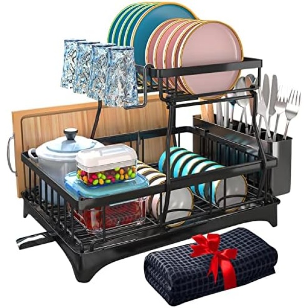 Godboat Dish Drying Rack with Drainboard, 2-Tier Dish Racks for Kitchen Counter, Dish Drainer Set with Utensils Holder, Large Capacity Dish Strainers with Extra Drying Mat (Black)