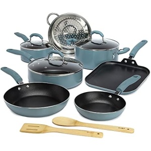 Goodful Cookware Set with Premium Non-Stick Coating, Dishwasher Safe Pots and Pans, Tempered Glass Steam Vented Lids, Stainless Steel Steamer, and Bamboo Cooking Utensils Set, 12-Piece, Turquoise