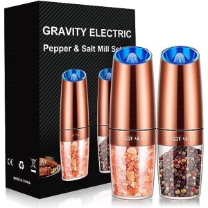 Gravity Electric Pepper and Salt Grinder Set, Adjustable Coarseness, Battery Powered with LED Light, One Hand Automatic Operation, Stainless Steel Copper, 2 Pack