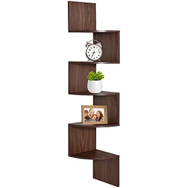 Greenco 5-Tier Corner Shelves, Floating Corner Shelf, Wall Organizer Storage, Easy-to-Assemble Tiered Wall Mount Shelves for Bedrooms, Bathroom Shelves, Kitchen, Offices, Living Rooms (Walnut Finish)