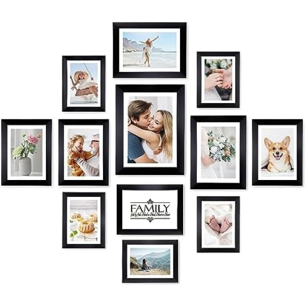 HAMITOR Picture Frames Set for Wall Decor- 12 Pack Gallery Wall Frames Set, Collage Photo Frames Wall Mounting Including One 8x10 / Four 5x7 / Five 4x6 / Two 6x8 Inch- Black