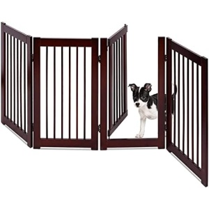 HAPPAWS Extra Wide Walk Through Pet Gate with Door, 4- Panel 30 inch High Wooden Puppy Playpen, Freestanding Stair Gates, Folding Indoor Pet Enclosure Room Divider for House, Stairs, Doorway