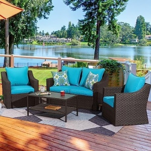 HEYNEMO Outdoor Patio Furniture Sets, 4 Pieces Outdoor Sectional Rattan Sofa Set, Brown PE Wicker Patio Conversation Sets with 8 PCS Lake Blue Washable Cushion and Tempered Glass Table