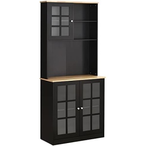 HOMCOM Kitchen Buffet with Hutch, Storage Pantry with 2 Cabinets with Glass Doors and Adjustable Shelf, 2 Open Shelves and Large Countertop, Black