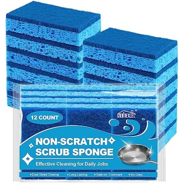 HOMEXCEL Non-Scratch Scrub Sponges Kitchen 12 Pack, Cleaning Sponges for Dishes, Dual Sided Dish Sponge for Washing Dishes, Cellulose Sponges Safe on Non-Stick Cookware, Household, Bathroom and More