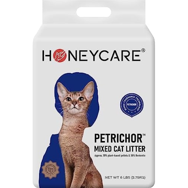 HONEY CARE Petrichor Mix Cat Litter I Tofu Cat Litter I Nature Plant-Based Pellets and Bentonite Sustainable Cat Litter I Low-Dust Qucik Clumping Superior Odor Control, 6 Lbs