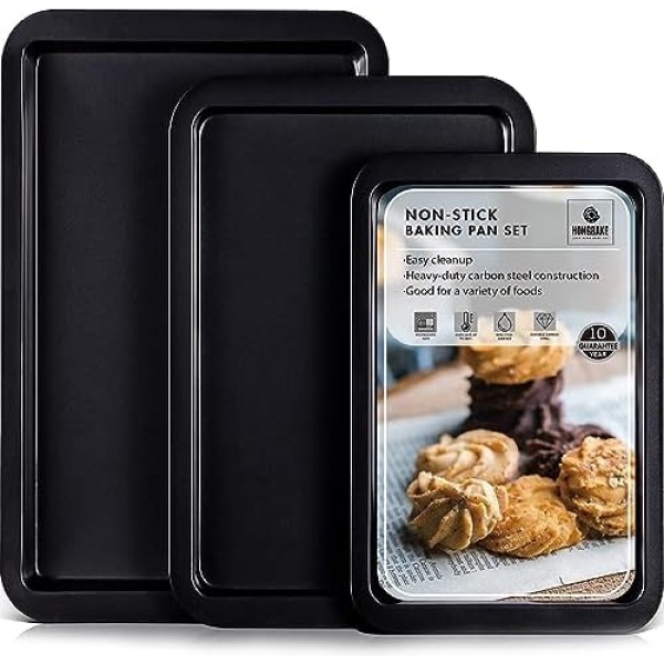 HONGBAKE Baking Sheet Pan Set, Cookie Sheet for Oven, Nonstick Bakeware Sets with Wider Grips, 3 Pack Half/Jelly Roll/Quarter Baking Tray, Premium, Dishwasher Safe - Dark Grey
