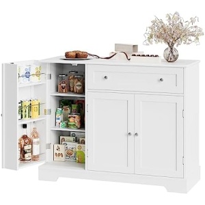 HOSTACK Buffet Cabinet with Storage, Modern Sideboard Buffet with Doors, Wood Coffee Bar Kitchen Storage Cabinet with Drawer and Adjustable Shelf for Kitchen, Dining Room, Living Room, White