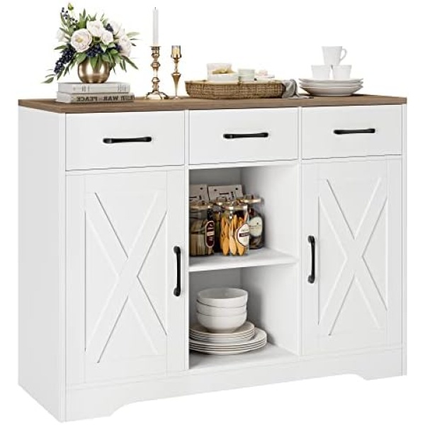 HOSTACK Modern Farmhouse Buffet Cabinet with Storage, Barn Doors Sideboard Buffet Storage Cabinet with Drawers and Shelves, Wood Coffee Bar Cabinet for Kitchen, Dining Room, Living Room, White
