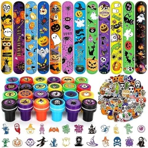 Halloween Party Favors, 98Pcs Halloween Stampers Slap Bracelets Wristbands Stickers Halloween Toys for Kids Halloween Party Supplies Decorations Treat Bags Gifts Goodie Bags Filler