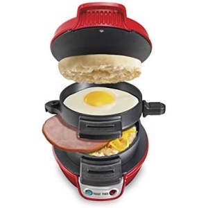 Hamilton Beach Breakfast Sandwich Maker with Egg Cooker Ring, Customize Ingredients, Perfect for English Muffins, Croissants, Mini Waffles, Dorm Room Essentials, Red (25476)