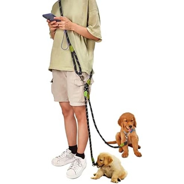 Hands Free Dog Leash 2 Dogs 7.5ft Rope Crossbody Dog Leash for Two Dogs Reflective for Large Medium Small Dogs Walking, Jogging and Running Black