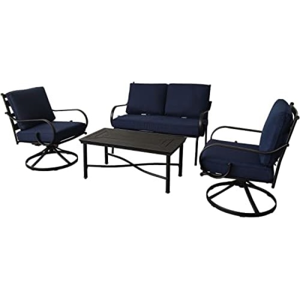 Hanover Montclair 4-Piece All-Weather Outdoor Patio Chat Set, 2 Swivel Rocker Side Chairs, Loveseat, and Coffee Table, Thick Cushions, Conversation Set, Navy Blue